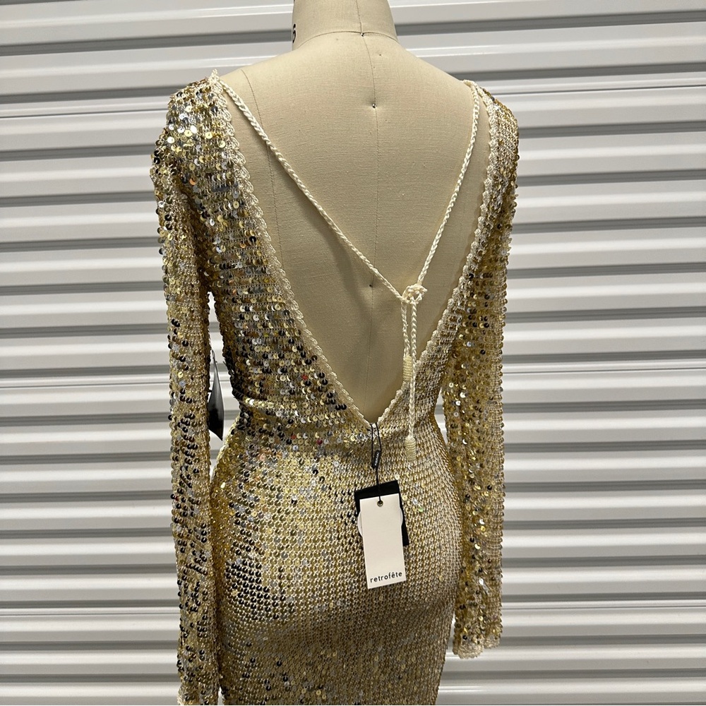 Retrofete Alexa Dress Metallic Sequin Crochet Maxi Ivory Gold Silver NWT M/L - Picture 4 of 5